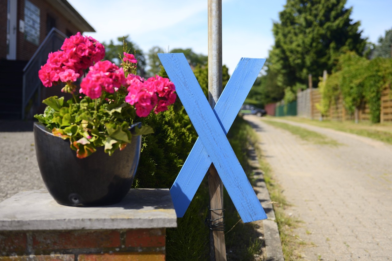 Entlang der geplanten Hinterlandanbindung haben Anwohner aus Protest blaue Kreuze aufgestellt. 