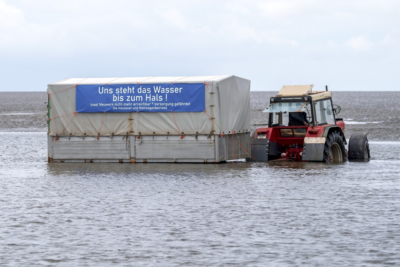 „Uns steht das Wasser bis zum Hals!“ steht auf dem Anhänger eines Treckers der im Watt steht.