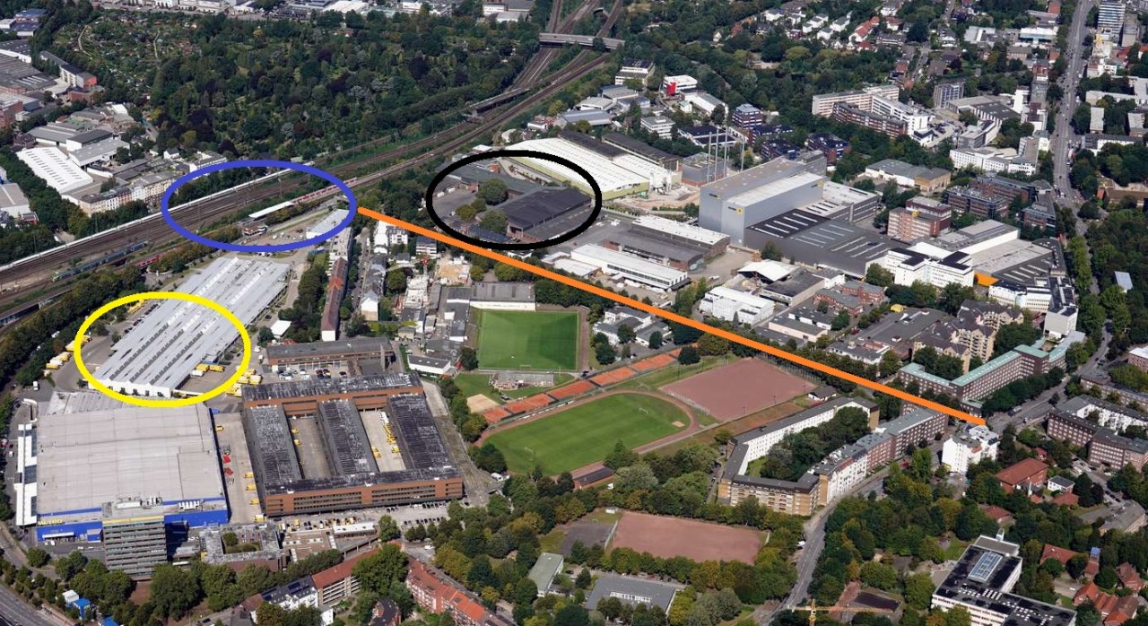 Die Waidmannstraße (orange) verläuft aus Eimsbüttel unten von der Hauptverkehrsader Kieler Straße hoch bis zum Diebsteich (Lila). Links davon liegt das Post-Gelände (Gelb), rechts ThyssenKrupp (schwarz).