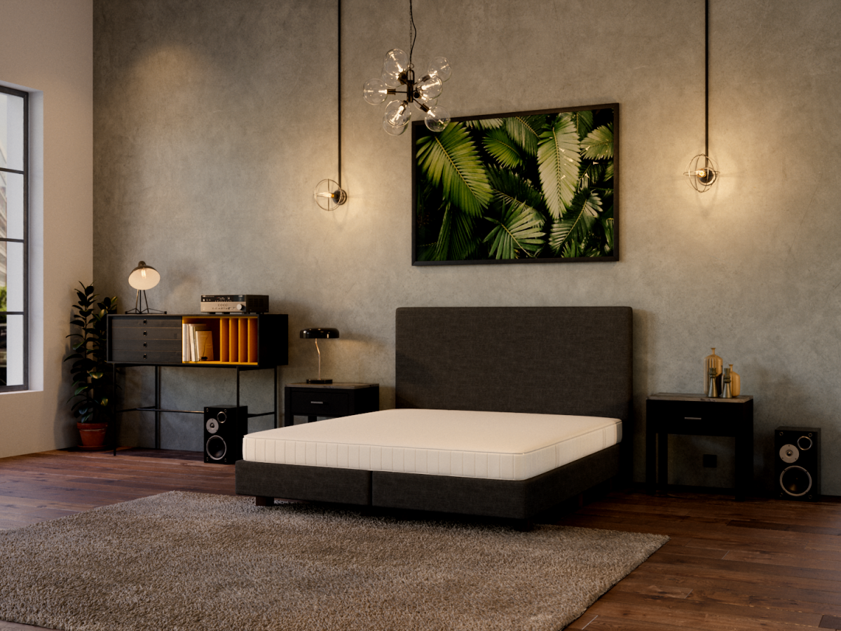 Schlafzimmer im Industrial-Style mit unbezogener Matratze