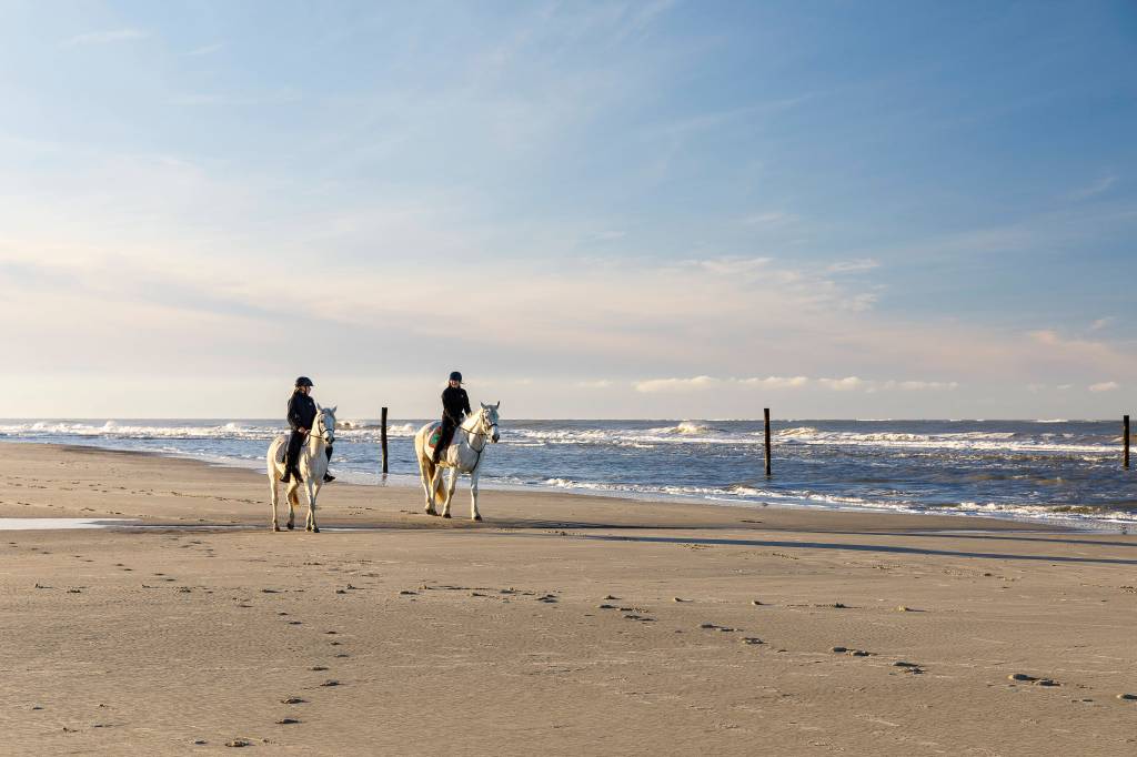Zwei Reiter auf Schimmeln am Strand.
